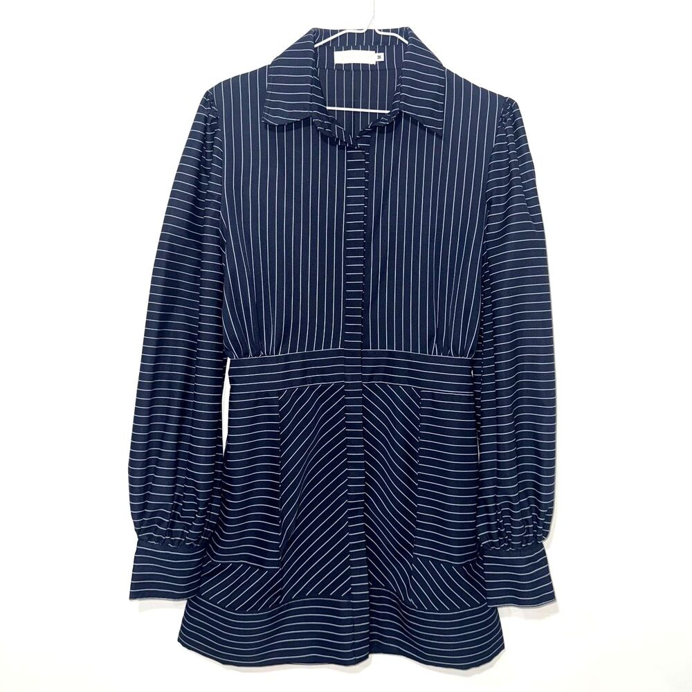 Vita Grace Pinstripe Puff Long Sleeve Shirt Dress - Navy M